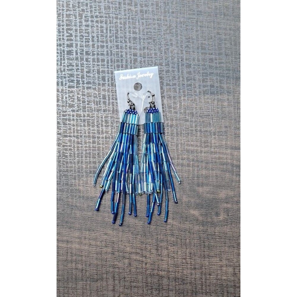 Blue Tassel Drop Earrings Beaded Fringe Statement Jewelry